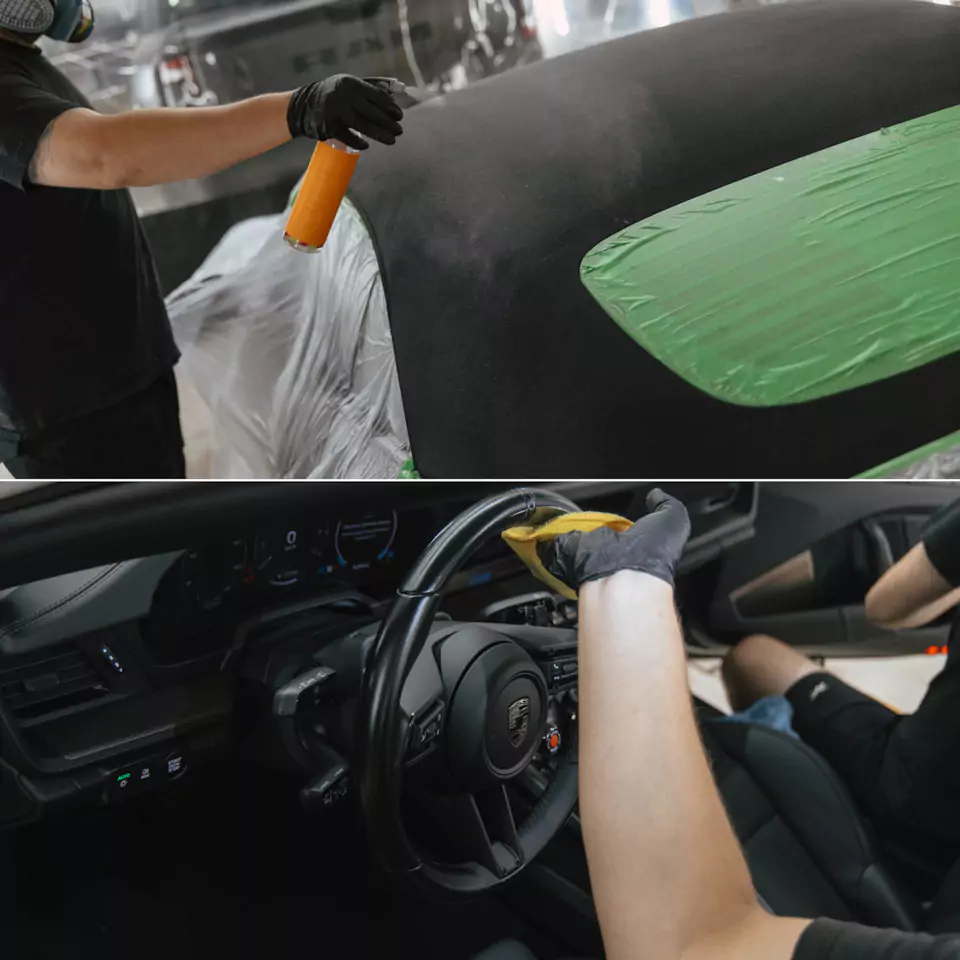 Забронировали Porsche 911 (992) Turbo S Cabriolet прозрачным глянцевым полиуретаном, защитили глянец в салоне, обработали кожу керамикой и обработали мягкую крышу